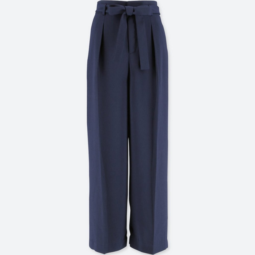 Uniqlo High-Waist Ribbon Wide-Leg Pants in Navy